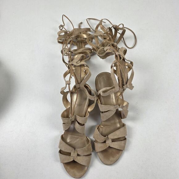 Stuart Weitzman Shoes Womens Size 8.5 Beige Suede Gladiator Lace Up Block Heel - Picture 4 of 16